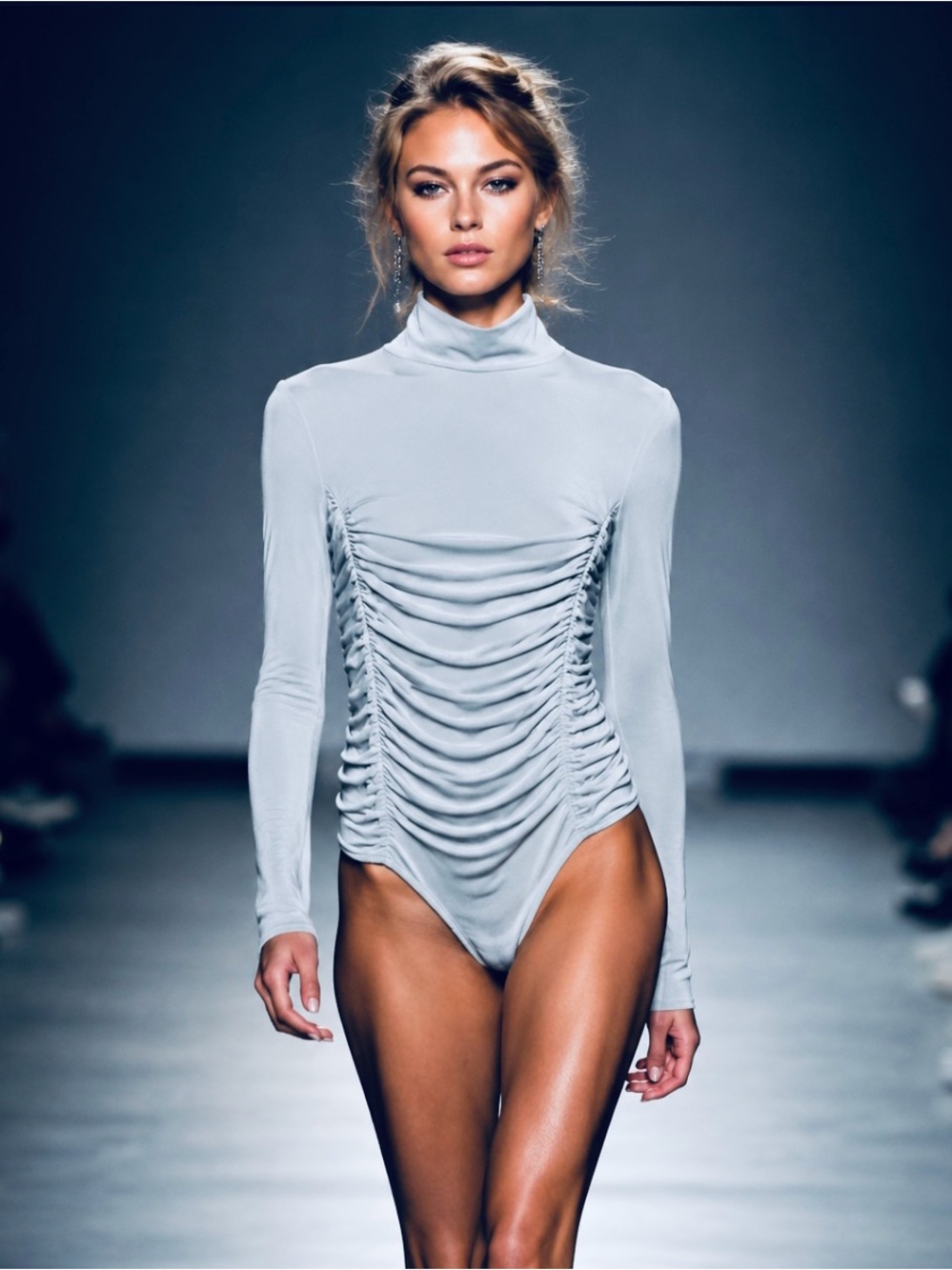 Windsor Light Gray Ruched Long-Sleeve Bodysuit